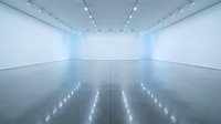 Empty modern art gallery interior with white walls and polished concrete floor reflecting ceiling lights for contemporary exhibition space design.