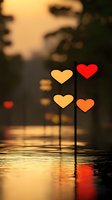 Colorful heart shapes on sticks reflected in water at sunset creating romantic atmosphere with warm golden bokeh background and dark silhouettes.