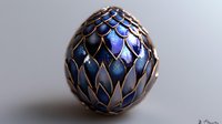 Mystical dragon egg in metallic blue and silver scales with intricate overlapping pattern on light background, fantasy art concept for collectors and designers.