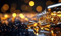 Omega-3 fish oil capsules spilling from bottle on dark reflective surface with golden bokeh lights creating luxurious wellness atmosphere.