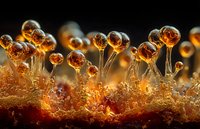Macro photography of amber-colored slime mold fruiting bodies with translucent spherical caps glowing against dark background, showcasing natural microscopic organisms.