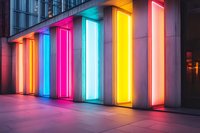 Vibrant multicolored neon light frames illuminate modern building entrance with glowing pink, yellow, blue and orange vertical panels creating dramatic nighttime display.