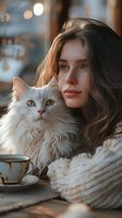 Young woman with long wavy hair holding fluffy white cat close to face in cozy cafe setting with warm bokeh background and teacup on table.