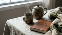 Cozy home scene with steaming ceramic teapot, mug, leather journal, and knit blanket on linen surface by window, evoking warmth and relaxation.