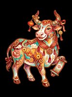 Decorative ox with ornate red and gold patterns, lanterns, and traditional Asian motifs isolated on transparent background. Ready for t-shirt design, clipart, stickers, sublimation, and print-on-demand products.