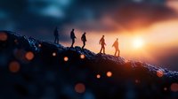 Silhouettes of hikers walking along mountain ridge at dramatic sunset with bokeh light effects in foreground, creating atmospheric outdoor adventure scene.