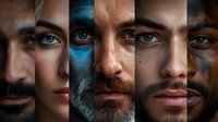 Diverse faces in vertical strips showing different ethnicities, genders and facial features with dramatic lighting and intense eye contact, artistic portrait composition.