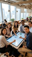 Diverse team of young professionals collaborating on interactive digital display in modern high-rise office with city skyline views, brainstorming and planning project strategy together.
