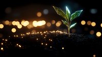 Young green sprout growing from soil against blurred golden bokeh lights background, symbolizing growth, hope and new beginnings in business and life.