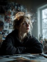 Young woman with glowing brain neural network overlay representing artificial intelligence, machine learning and cognitive thinking in modern workspace.