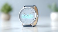 Elegant wristwatch with glowing neon SALE text on white dial face, silver case and blue leather strap against soft blurred background.