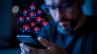Man using smartphone with glowing house icons floating above screen, representing real estate app, digital property market or smart home technology in dark blue atmosphere.
