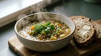 Hot homemade vegetable soup with fresh herbs steaming in ceramic bowl served with crusty bread on wooden board for comfort food dining.