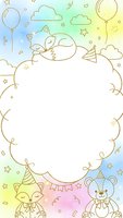 Cute baby shower frame with sleeping fox, teddy bear, balloons and stars on pastel rainbow background for nursery decoration and party invitations.