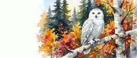 White snowy owl perched on branch surrounded by vibrant autumn maple leaves and evergreen trees in seasonal forest watercolor painting for nature decor.