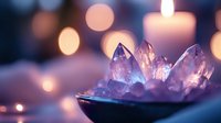 Mystical amethyst crystal cluster with glowing candle light and bokeh background creates spiritual atmosphere. Healing stones in soft purple hues for meditation practice.