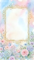 Watercolor floral frame with gold ornate border, pastel roses, hydrangeas, and butterflies on soft rainbow background for wedding invitations.