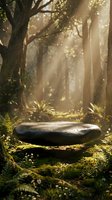 Stone podium in a sunlit enchanted forest with moss, ferns, and rays of light, for product display or nature-themed presentation.