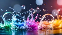 Colorful water drops and splashes creating rainbow spectrum effect with bubbles on dark background, macro photography with bokeh lights for creative design.