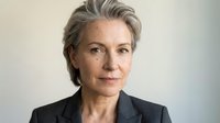 Professional mature Caucasian businesswoman with gray hair in dark suit jacket against neutral background for corporate headshot and executive portraits.