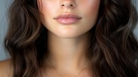 Close up portrait of young mixed race woman with natural makeup, wavy brown hair, and delicate gold necklace against neutral background.