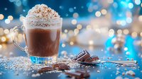 Creamy hot chocolate topped with whipped cream and cocoa powder in glass mug against blurred bokeh lights, with chocolate pieces and spoon on reflective surface.
