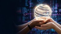 Hands holding glowing spiral sphere with digital code background, representing innovation, technology, data processing, artificial intelligence, and future business solutions.