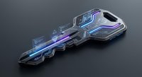Futuristic digital key with glowing blue circuit patterns and holographic elements on dark background for cybersecurity and technology concepts.
