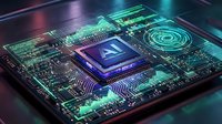 Futuristic AI processor chip with glowing circuits and holographic interface displaying advanced artificial intelligence technology for computing applications.