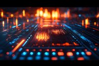 Futuristic digital circuit board with glowing orange and blue light trails, representing technology and data processing in modern computing.