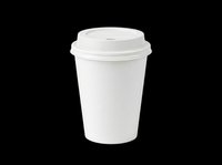 Disposable white paper coffee cup with white plastic lid, isolated on transparent background. Ready for beverage packaging design, cafe branding, restaurant menus, print-on-demand products, and commercial mockups.