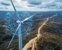 Wind turbine with digital network visualization against dramatic sky and winding dirt road through wind farm. Aerial view showing renewable energy technology.
