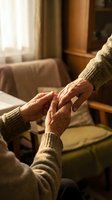 Elderly couple holding hands in warm living room showing love, care and companionship in golden hour light for relationship and family concepts.
