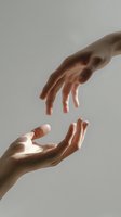 Two hands reaching toward each other against neutral background, symbolizing connection, support, and human relationship in minimalist composition.