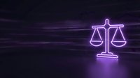 Purple neon scales of justice glowing against dark digital background with light streaks for legal technology and law firm branding concepts.
