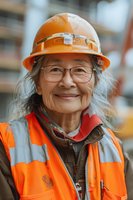 Senior Asian female construction worker wearing orange safety vest and hardhat smiles confidently at construction site, representing diversity and inclusion in trades.
