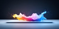 Colorful liquid splash wave in rainbow colors flowing horizontally across smartphone screen on dark background with glowing particles and reflective surface.