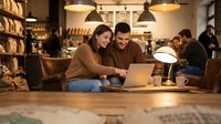 Young couple working together on laptop in cozy coffee shop cafe with warm lighting and wooden interior for remote work and collaboration.