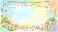 Watercolor pastel nursery frame with cute animals, rainbow, clouds, and bunting, perfect for baby shower cards and children's invitations.