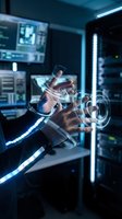 Futuristic hand interacting with holographic digital interface in high-tech server room environment with glowing neon lights and monitoring screens for technology and innovation concepts.