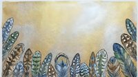 Watercolor feathers border frame with golden yellow background, decorative plumage arrangement for bohemian design projects and artistic compositions.