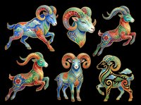 Colorful ornamental goats and rams with intricate patterns, isolated on transparent background. Ready for t-shirt design, clipart, stickers, sublimation, and print-on-demand projects.