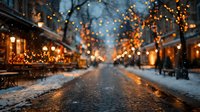 Snowy winter street at night with warm glowing lights and festive atmosphere creating magical holiday ambiance for seasonal marketing and greeting cards.
