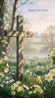 Wooden cross surrounded by spring flowers including daffodils and snowdrops in peaceful garden setting with soft sunlight and copy space for Easter greeting cards.
