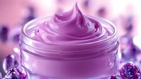 Luxurious pink cosmetic cream in glass jar with swirled texture, glowing purple crystals and bokeh lights creating spa atmosphere for beauty product marketing.