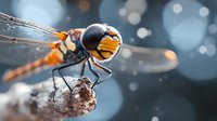 Macro photography of orange dragonfly perched on rock against blurred blue bokeh background, showcasing detailed compound eyes, wings and body structure.