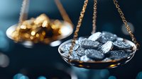Balanced gold and silver nuggets on vintage scales against dark background with selective focus and bokeh effect, symbolizing precious metals trading.