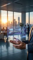 Businessman in suit holding holographic data analytics dashboard with charts and graphs above palm in modern office with city skyline sunset view.