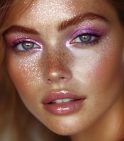 Close-up portrait of redhead woman with freckles wearing vibrant purple eyeshadow and glitter makeup for beauty and cosmetic advertising.