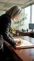 Senior woman with gray hair wearing black blazer writing on document at wooden desk in modern office with windows and plants, business professional environment.